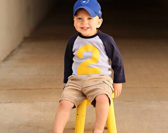 Fan Photo- Any Number Birthday Shirt- Raglan 2nd Birthday T Shirt Boy Navy and Grey with Yellow Number