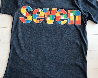 7th construction block 7 Birthday shirt seven Building Brick primary color white heathered Navy boys toys party cake coding 4 5 6 8 spelled