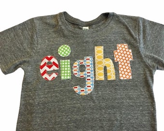 8th Birthday Shirt pez 8th, 8 year old, Athletic grey Short Sleeves three in green, blue, yellow, red and orange letters