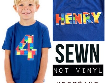 4 Birthday shirt, boys construction blocks outfit, 4th Building brick, four, custom personalized name, 1 2 3 4 5 6 7 8 9 year old