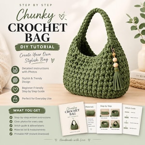 May include: A chunky olive green crochet bag with a single handle and a decorative tassel featuring wooden beads. The image includes text for a DIY tutorial, listing detailed instructions, photos, and a stitch guide for creating this bag.