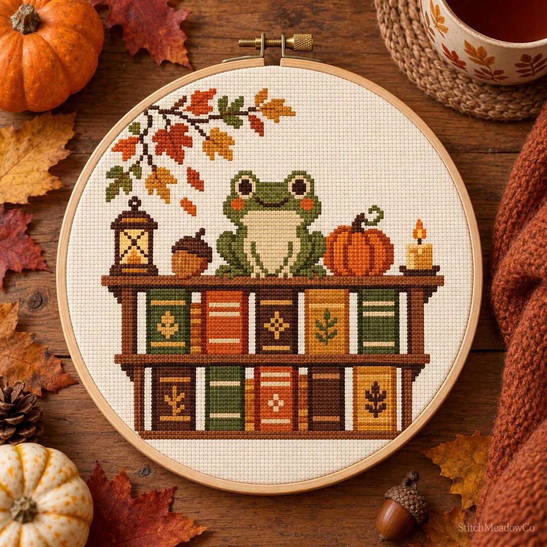 Harvest Frog Cross Stitch Pattern – Autumn Bookshelf Embroidery Chart ...