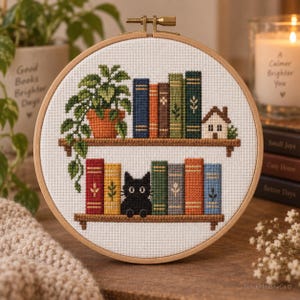 May include: A circular wooden embroidery hoop containing a cross-stitch pattern of two shelves. The top shelf features a potted green plant, four colorful books, and a small house. The bottom shelf displays five books and a black cat.