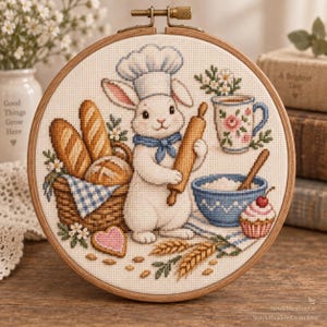 May include: A circular wooden embroidery hoop containing a cross-stitch design of a white rabbit wearing a chef hat and blue necktie, holding a rolling pin. The scene includes a basket of bread, a blue mixing bowl, a floral mug, and a cupcake.