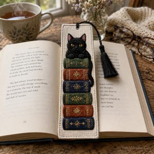 Black Cat on Books Cross Stitch Pattern – Green, Rust, Navy, Gold (PDF Download)