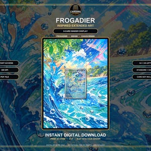 May include: A digital display for a Frogadier inspired extended art 9-card binder. The graphic features a blue ocean wave, a beach, and sky. Text includes Instant Access, 300 DPI, PDF File, A4 + US Letter, Standard + Vault X, and Card Not Included.