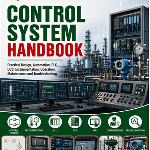 May include: A Control System Handbook titled TEP-A371-03 Version 1.0 featuring a technical cover with industrial plant imagery, computer monitors displaying process diagrams, a control panel, and icons for PLC, DCS, HMI, and instrumentation.
