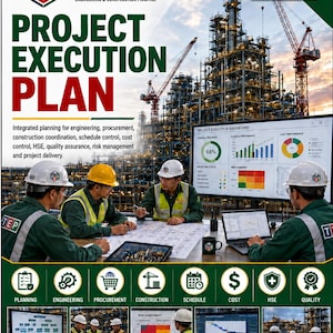 May include: A document cover titled Project Execution Plan TEP-A130-01 Version 1.0 featuring a construction site background, a team in hard hats reviewing blueprints, a digital dashboard showing project metrics, and various icons for engineering tasks.