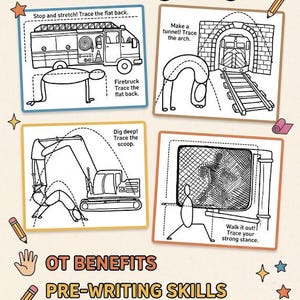 Peut inclure: Pages de coloriage et de traçage Truck Yoga présentant quatre illustrations en noir et blanc de véhicules de chantier et de camions de pompiers avec des silhouettes humaines en poses de yoga. Inclut des textes comme OT BENEFITS, PRE-WRITING SKILLS, MINDFUL MOVEMENT et CALM DOWN CORNER TOOL.