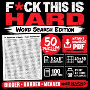 Op de afbeelding: Een digitaal woordzoekersboek getiteld F*CK THIS IS HARD WORD SEARCH EDITION. Het bevat 50 puzzels, 40x50 roosters, 100 woorden per stuk en een US letterformaat van 21,59 x 27,94 cm. Ontwerp met rode en witte tekst op een zwarte achtergrond.