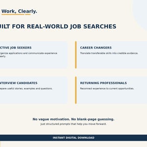 May include: A digital document titled Work, Clearly. Built for real-world job searches. It lists four categories: Active Job Seekers, Career Changers, Interview Candidates, and Returning Professionals, with descriptive text for each. Includes the text: No vague motivation. No blank-page guessing. Just structured prompts that help you move forward. Instant digital download.