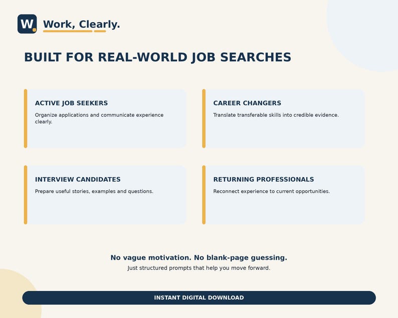 May include: A digital document titled Work, Clearly. Built for real-world job searches. It lists four categories: Active Job Seekers, Career Changers, Interview Candidates, and Returning Professionals, with descriptive text for each. Includes the text: No vague motivation. No blank-page guessing. Just structured prompts that help you move forward. Instant digital download.