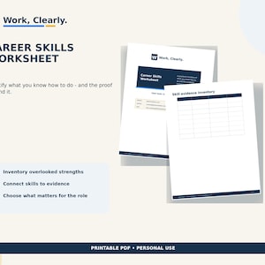 May include: A Career Skills Worksheet printable PDF featuring the Work, Clearly logo. The document includes sections for identifying skills, an evidence inventory table, and bulleted points for inventorying strengths and connecting skills to evidence.