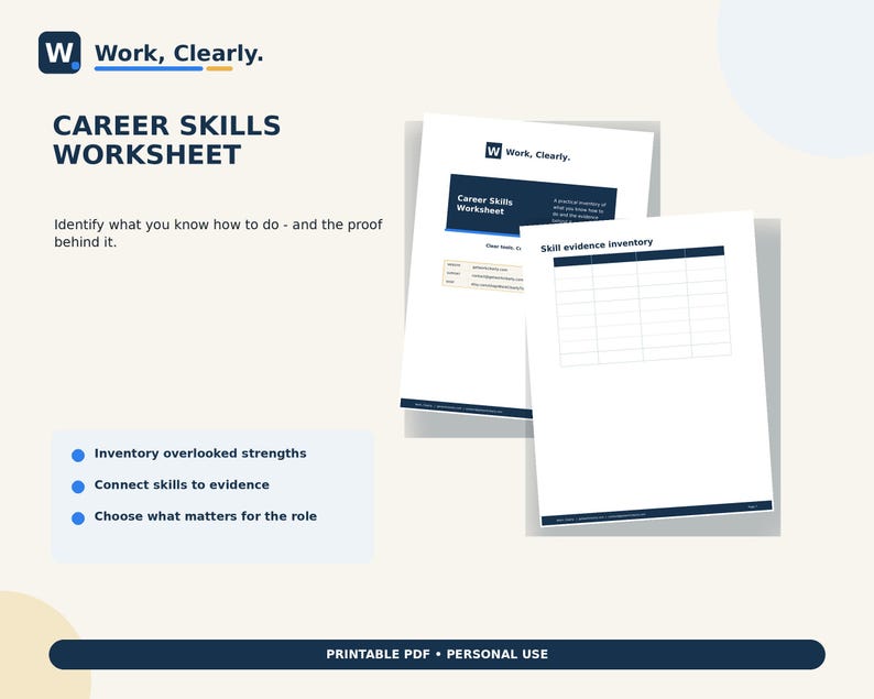 May include: A Career Skills Worksheet printable PDF featuring the Work, Clearly logo. The document includes sections for identifying skills, an evidence inventory table, and bulleted points for inventorying strengths and connecting skills to evidence.