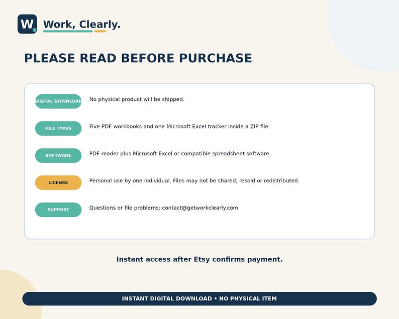 May include: A digital product information graphic titled Work, Clearly. PLEASE READ BEFORE PURCHASE. It lists categories: DIGITAL DOWNLOAD, FILE TYPES, SOFTWARE, LICENSE, and SUPPORT with corresponding text details. Includes a footer: INSTANT DIGITAL DOWNLOAD &bull; NO PHYSICAL ITEM.
