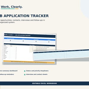 May include: A digital job application tracker spreadsheet template featuring a summary dashboard with status counts, next actions, and a detailed tracking table. The document includes sections for applications, interviews, and follow-ups in an editable Excel format.