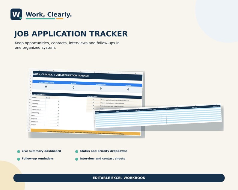 May include: A digital job application tracker spreadsheet template featuring a summary dashboard with status counts, next actions, and a detailed tracking table. The document includes sections for applications, interviews, and follow-ups in an editable Excel format.