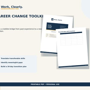 May include: A printable Career Change Toolkit PDF featuring a title page with the text Work, Clearly and Career Change Toolkit, alongside a Transferable skill inventory page with a grid table. The document includes bullet points for skill translation.