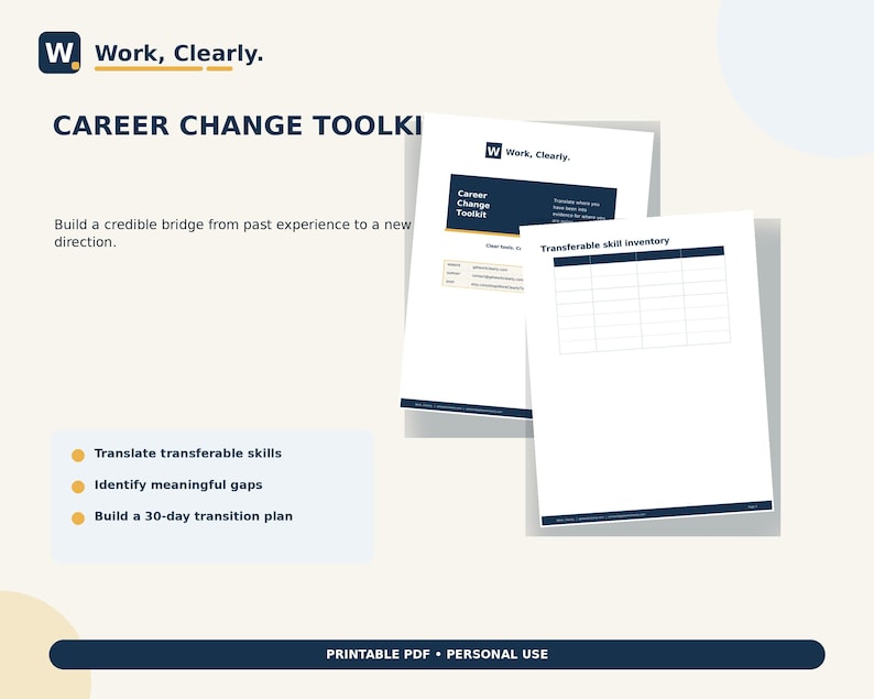 May include: A printable Career Change Toolkit PDF featuring a title page with the text Work, Clearly and Career Change Toolkit, alongside a Transferable skill inventory page with a grid table. The document includes bullet points for skill translation.
