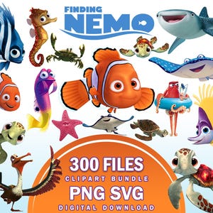 May include: A digital clipart bundle featuring Finding Nemo characters including Nemo, Dory, Marlin, Crush, Squirt, Bruce, and others. The image displays various sea creatures, a pelican, and text reading Finding Nemo, 300 Files, Clipart Bundle, PNG SVG, Digital Download.