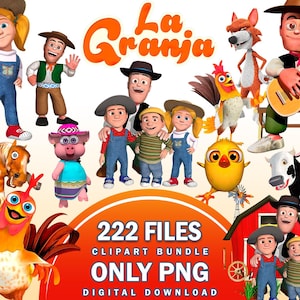 Puede incluir: Un paquete de imágenes prediseñadas digitales con personajes de dibujos animados en 3D de La Granja, incluyendo niños, un zorro, un gallo, un pollito, un cerdo, un caballo y una vaca. Incluye el texto La Granja, 222 FILES, CLIPART BUNDLE, ONLY PNG.