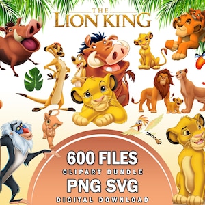 Könnte beinhalten: Ein digitales Clipart-Paket mit Charakteren aus Der König der Löwen, darunter Simba, Nala, Timon, Pumbaa, Rafiki und Zazu. Das Bild zeigt verschiedene Posen dieser animierten Tiere, Palmblätter und den Text 600 FILES CLIPART BUNDLE PNG SVG.