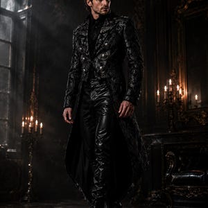 May include: A long black coat featuring a dark floral brocade pattern, a double-breasted front with silver buttons, and a high collar, worn over a black shirt and black leather trousers, creating a structured and layered ensemble.