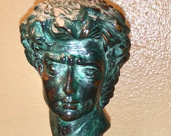 Vintage Michelangelo's David Bust Miniature Bronze Verdigris Marble Based Statue Figurine Classical Greco Roman Replica