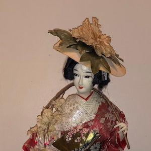 Vintage Kyugetsu Japanese Madame Butterfly Doll Silk Kimono Brocade Costume Geisha Girl w Fan & Hat Yamaha Accents Made in Tokyo Japan As Is