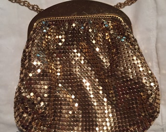 Whiting & Davis Gold Mesh Bag Evening Purse Goldtone Signed Satin Lined Miniature Change Purse SALE