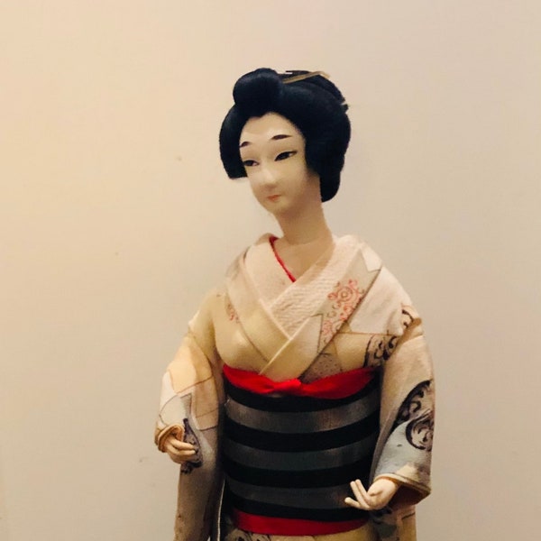Tall Vintage Kyugetsu Japanese Doll Traditional Silk Kimono Brocade Costume Geisha Girl w Hair Combs Yamaha Accents Made in Tokyo Japan
