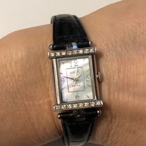 Vintage Ecclissi Sterling Silver Mother Of Pearl Wristwatch with Diamonds and Original Leather Band Needs Battery