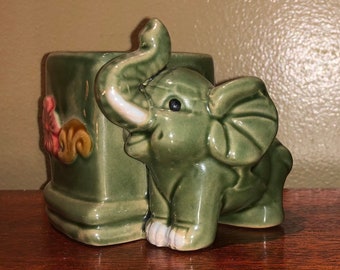 Adorable Matching Pair Ceramic Elephant Figurines Trunk Up Elephant Planters 1940s-50s One AS IS (small hairline) Miniature Elephant Vases