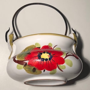 Hand Painted Ceramic Pot w Metal Handle Vintage Signed Italian Art Pottery Vintage Floral Ceramic Flower Pot Planter w Metal Handle
