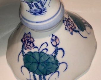 Elegant Vintage Blue and White Ceramic Candle Holder w Pink Lotus Flowers Hand Painted Candlestick Cottage Core Coastal Grandmother