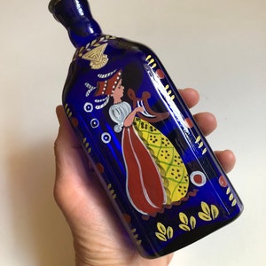 Vintage Gullaskruf Swedish Hand Painted Cobalt Blue Blown Glass Bottle Enamel Swedish Woman Schnapps Bottle