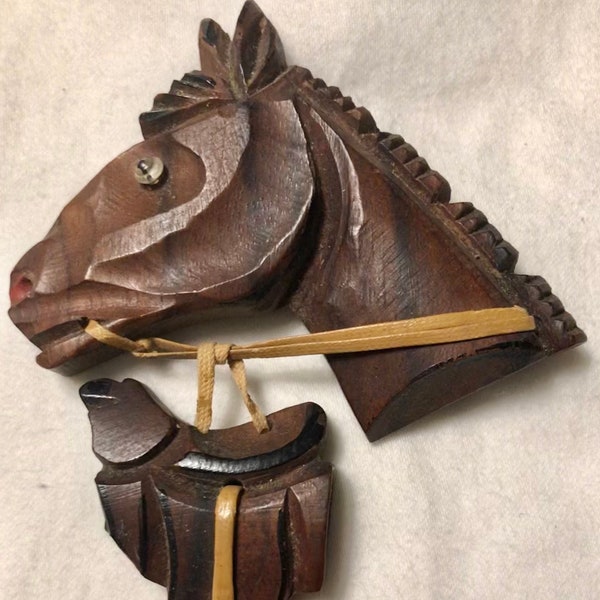 Vintage Carved Midcentury Leather & Wood Horse and Dangling Saddle Brooch Moveable Parts Equestrian Lovers Unisex Style