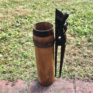 Antique Poison Dart Quiver with Wooden Carved Sculptural Handle Tribal Folk Art Carving Bamboo Canister Borneo or Chinese Culture NO DARTS