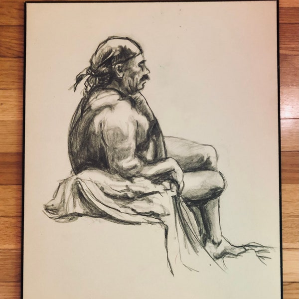 Dessin au fusain original homme assis étude du corps masculin par Laura Goodman artiste 1998