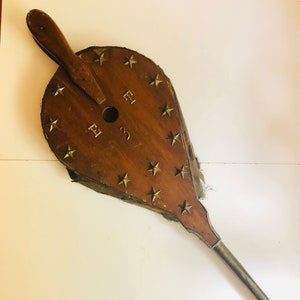 Antique Wooden Bellows Wood Five Pointed Brass Stars Weathered Rustic Fireplace Mantel Decor Primitive Hearth Cottagecore AS IS