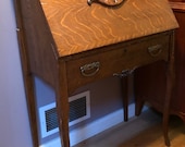Antique Tiger Oak Slant Front Desk Small Ladies Desk w Quarter Sawn Oak Drop Front and Fitted Interior