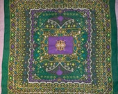 Vintage Rayon Scarf Jewel Tones Purples Emerald Greens Approx 26 quot Square Japanese Rayon Circa 1970s SALE