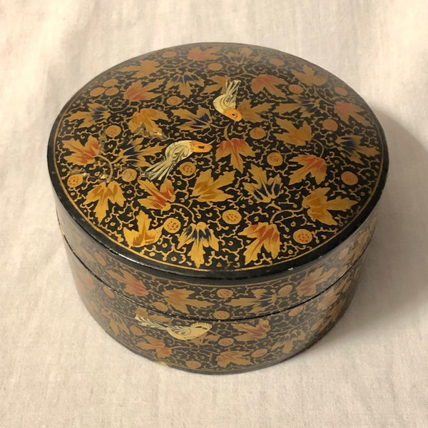 Vintage Hand Painted Birds and Leaves Paper Mache Trinket Box Coin Catcher from Kashmir Indian Kashmiri Papier Mache Floral Box SALE