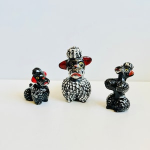 Vintage MCM Mid Century Modern 3 Piece Black Poodle Family Figurine set Redware Figures Made in Japan/ Retro 50s-60s Black and White Dogs