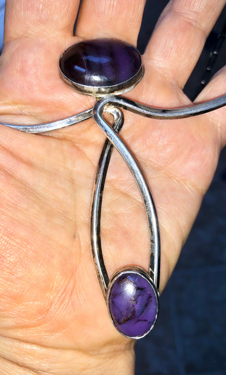 Modernist Charoite Necklace Silver Collar Bib Necklace Designer Bib Collar Necklace Artist Signed Purple Stones Hippie Jewelry