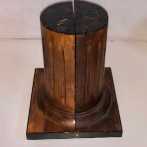 Heavy Pair Vintage Wooden Column Horn Inlay Bookends Handsome Dark Wooden Bookends ca 1970s-80s Carved Horn Wood Marquetry Bookends