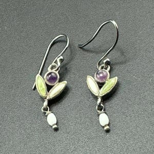 Petite Vtg Sterling Amethyst & Jade Pearl Drop Pierced Drop Earrings Art Nouveau Inspired Boho Dangles February Birthstone PB 925