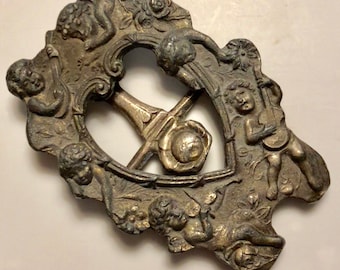 Hebilla de cinturón de querubín georgiano antiguo, ángel de bronce, puttis, período Estuardo, siglo XVII, auténtico accesorio de faja
