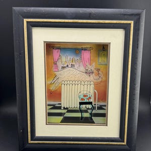 Whimsical Jean Pierre Weill 3D Cat Shadowbox Nite Cap Vitrograph Print Anthropomorphic Kitty w Drink Radiator Fish Bowl Goldfish Cityscape