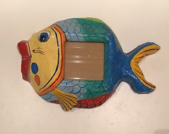 Vintage Mexican Paper Mache Fish Wall Hanging Picture Frame Sea Life Wall Art Handmade Hippie Coastal Grandma Papier Mâché Tropical Fish